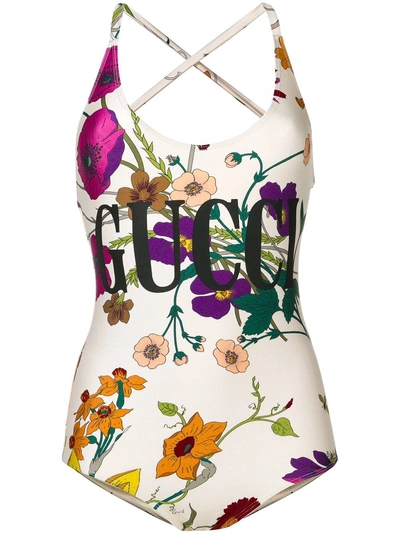 Shop Gucci Floral Logo Print One-piece Swimsuit - White