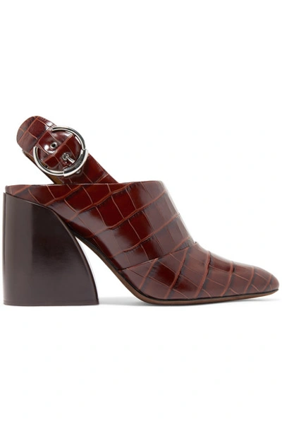 Shop Chloé Wave Croc-effect Leather Slingback Pumps In Dark Brown