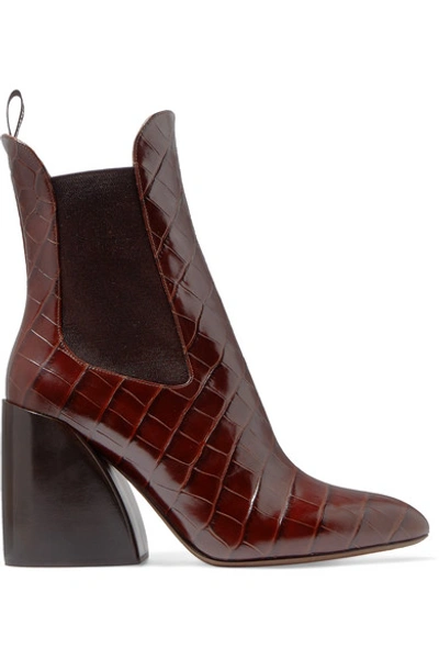 Shop Chloé Wave Croc-effect Leather Ankle Boots In Dark Brown