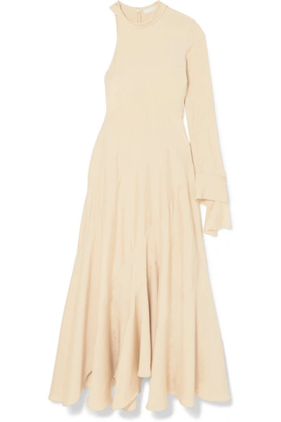 Shop Chloé Frayed One-sleeve Satin Maxi Dress In Beige