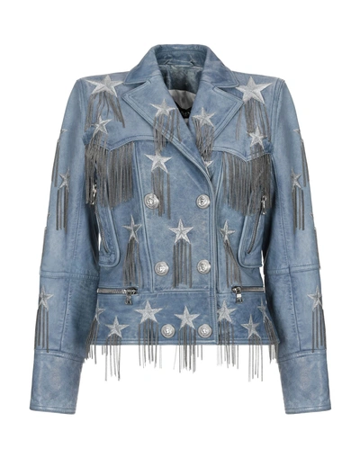 Shop Balmain Woman Jacket Slate Blue Size 2 Cowhide