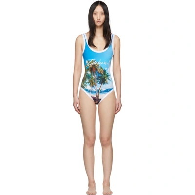 Shop Balmain Blue Palm Beach One-piece Swimsuit In Aak Multi 7