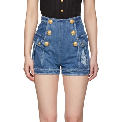 Shop Balmain Blue Denim Six-button Shorts