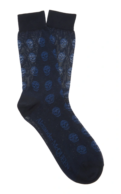 Shop Alexander Mcqueen Skull-print Cotton-blend Short Socks In Blue