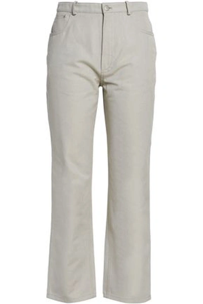 Shop Jw Anderson J.w.anderson Woman Leather-appliquéd Woven Cotton Straight-leg Pants Beige