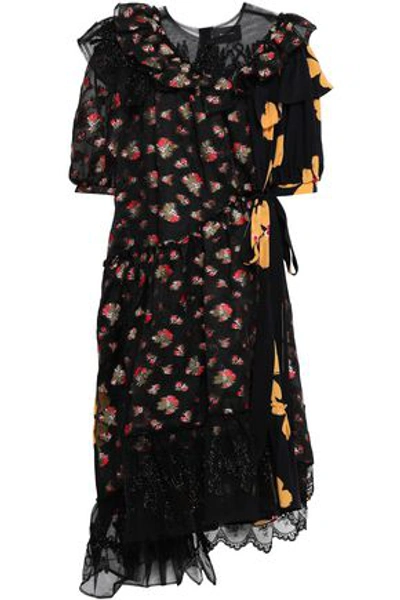 Shop Simone Rocha Woman Embellished Tulle And Crepe De Chine Midi Dress Black