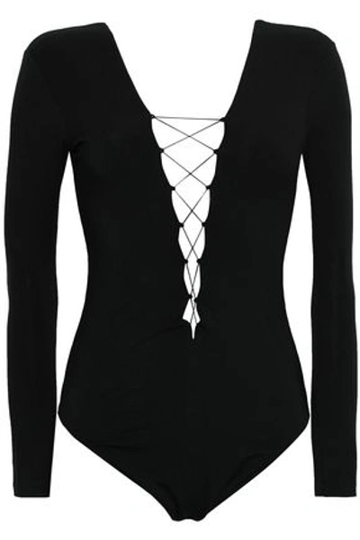 Shop Alexander Wang T Alexanderwang.t Woman Lace-up Cutout Stretch-modal Jersey Bodysuit Black