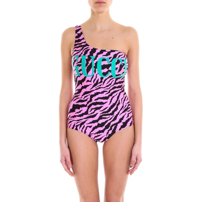 Shop Gucci Animal Print Logo Swimsuit In Pink