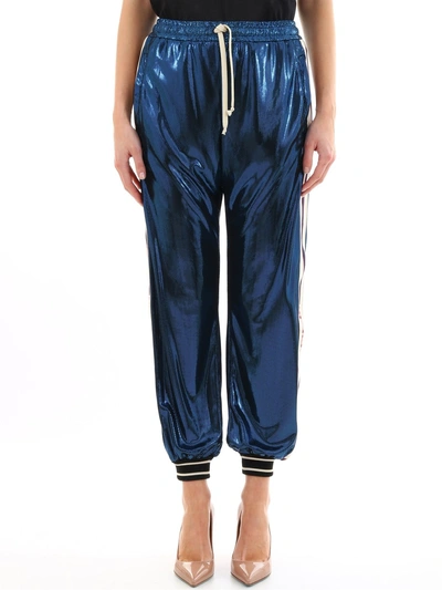 Shop Gucci Laminated Side Band Pants In Light Blueblue