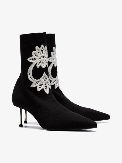 Shop Alexander Mcqueen Black 65 Floral-embroidered Stretch Ankle Boots