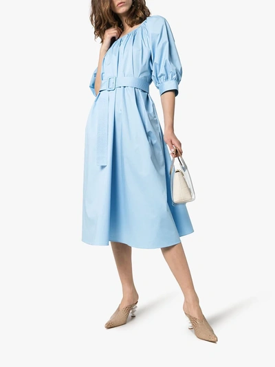 Shop Joseph Shan Square Neck Three-quarter Peasant Sleeve Cotton Dress In 0358 Blue