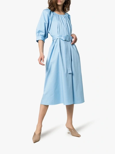 Shop Joseph Shan Square Neck Three-quarter Peasant Sleeve Cotton Dress In 0358 Blue
