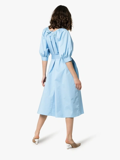 Shop Joseph Shan Square Neck Three-quarter Peasant Sleeve Cotton Dress In 0358 Blue