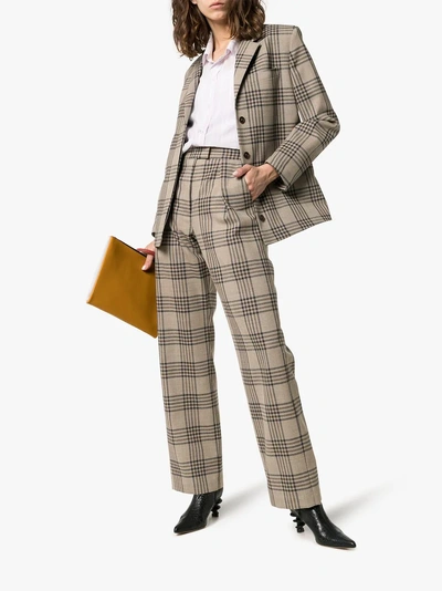 Shop Wright Le Chapelain Check Print High-waisted Straight Leg Woollen Trousers In Brown/blue Check