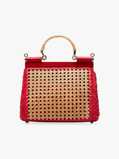 Shop Dolce & Gabbana Red Sicily Raffia And Leather Shoulder Bag