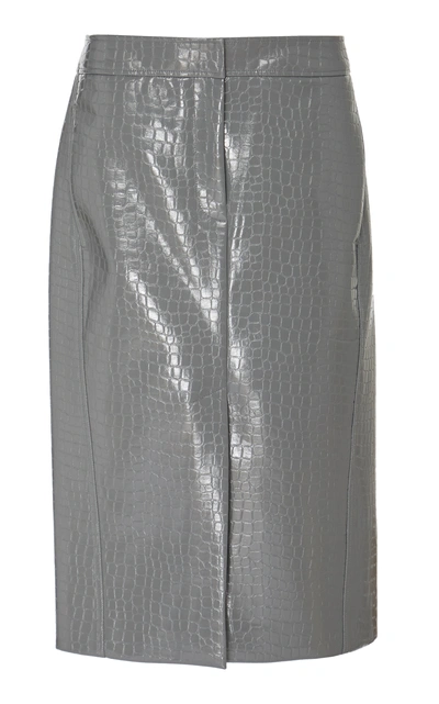 Shop Tibi Croc-embossed Faux Leather Midi Skirt In Grey