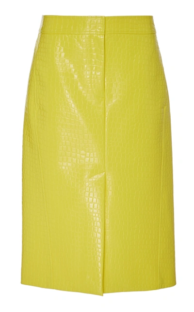 Shop Tibi Croc-embossed Faux Leather Midi Skirt In Yellow