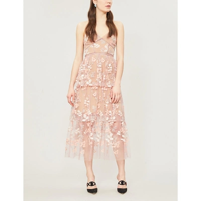 Shop Self-portrait Floral Embellished Tulle Midi Dress In Pink