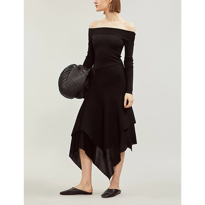 Shop Victoria Beckham Asymmetric Ruffled Woven Dress In Black
