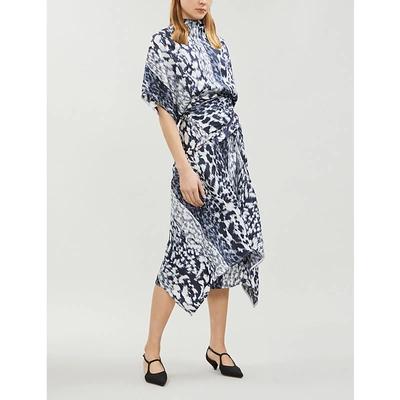 Shop Victoria Beckham Ladies Navy Blue And White Asymmetric Abstract-print Silk-crepe Midi Dress In Navy White