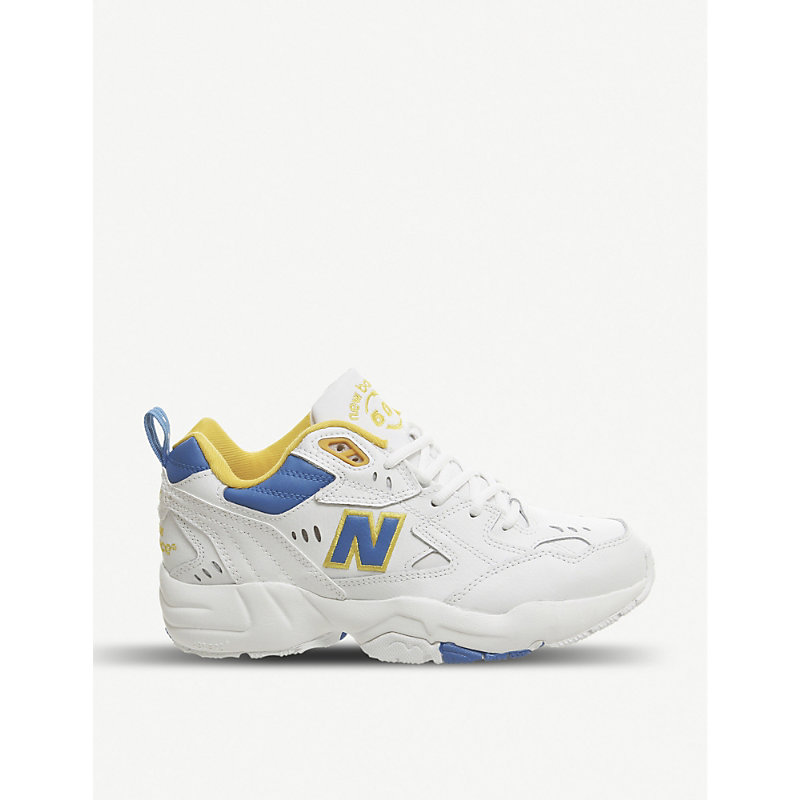 new balance 608 white with blue and yellow chunky trainers