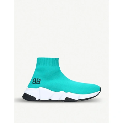 Shop Balenciaga Speed Mid-top Knitted Trainers In Turquoise