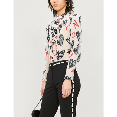 Shop Moschino Heart-print Crepe-silk Shirt In Fantasy Print White