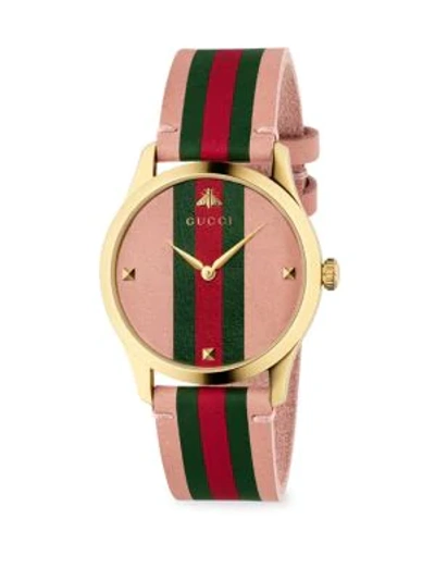 Shop Gucci G-timeless Gold Pvd Case 38mm Pink Green Red Green Stripe Leather Watch