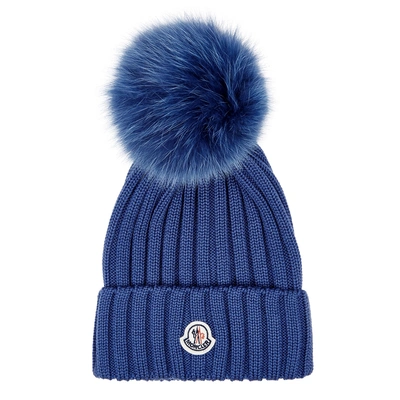 Shop Moncler Blue Pompom Wool Beanie