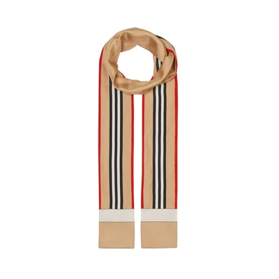 Shop Burberry Icon Stripe Print Silk Skinny Scarf In Archive Beige