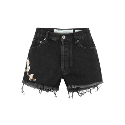 Shop Off-white Diag Embroidered Denim Shorts In Black