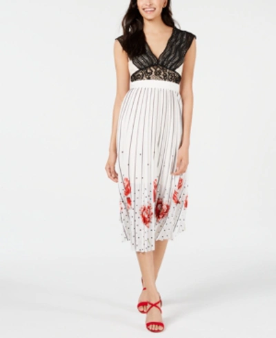 Shop Foxiedox Crochet Lace & Pleated Printed Midi Dress In Black/white