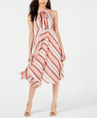 Shop Foxiedox Tie-neck Striped Midi Dress In Red/white/teal