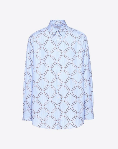 Shop Valentino Uomo Oversized Shirt With Vltn Grid Print Man Light Blue Cotton 100% 40