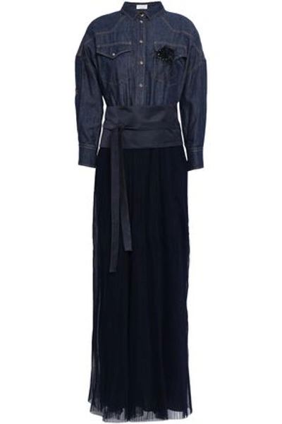 Shop Brunello Cucinelli Woman Embellished Denim, Satin And Pleated Tulle Maxi Dress Dark Denim
