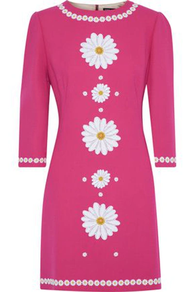 Shop Dolce & Gabbana Floral-appliquéd Wool-crepe Mini Dress In Fuchsia