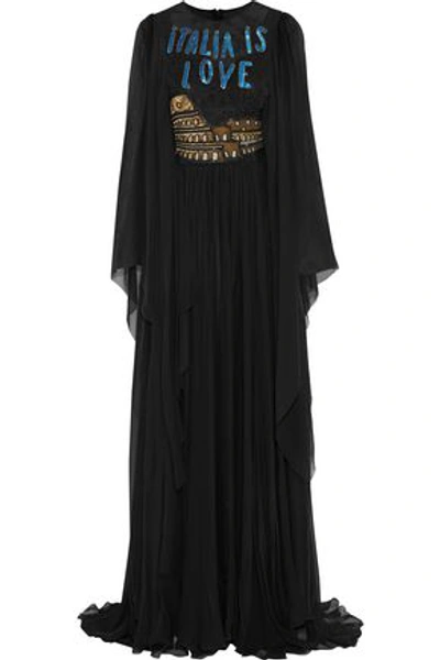 Shop Dolce & Gabbana Woman Embellished Lace-paneled Silk-blend Chiffon Gown Black