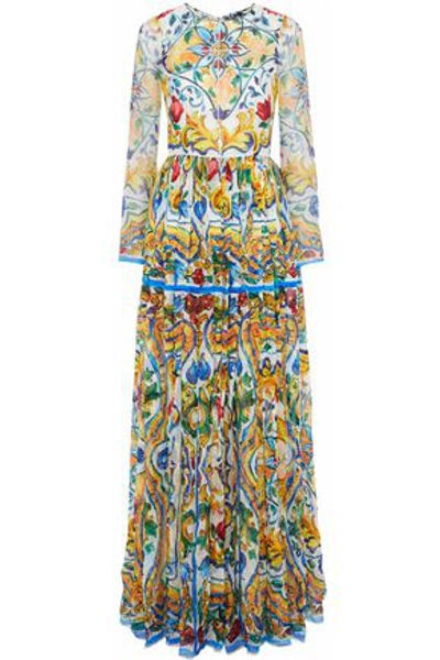 Shop Dolce & Gabbana Woman Ruffled Floral-print Silk-chiffon Gown Yellow