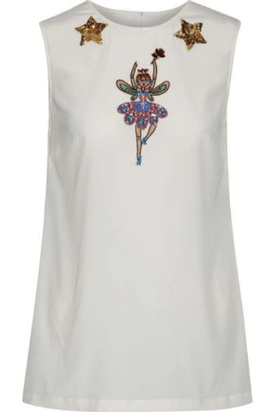 Shop Dolce & Gabbana Appliquéd Stretch-silk Crepe De Chine Top In Off-white