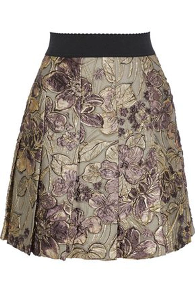 Shop Dolce & Gabbana Woman Pleated Brocade Mini Skirt Gold