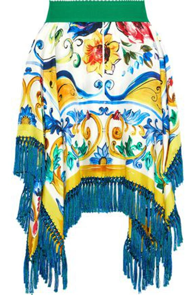 Shop Dolce & Gabbana Woman Tassel-trimmed Printed Silk-blend Twill Mini Skirt Blue