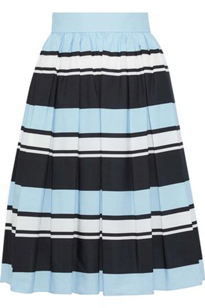 Shop Dolce & Gabbana Woman Pleated Striped Cotton-poplin Skirt Sky Blue