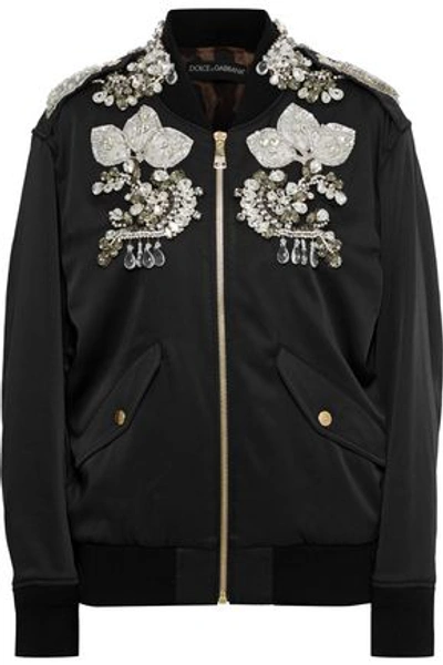 Shop Dolce & Gabbana Woman Embellished Faille Bomber Jacket Black