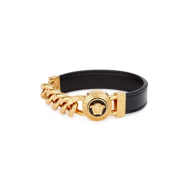 Shop Versace Black Chain And Leather Bracelet