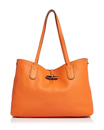 Shop Longchamp Roseau Essential Medium Shoulder Tote In Orange/gunmetal