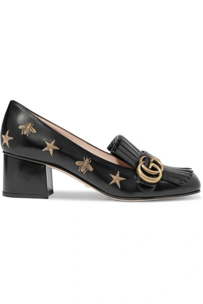 Shop Gucci Marmont Fringed Logo-embellished Embroidered Glossed-leather Pumps In Black