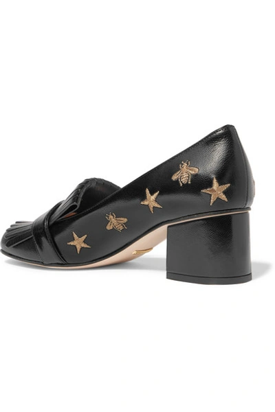 Shop Gucci Marmont Fringed Logo-embellished Embroidered Glossed-leather Pumps In Black