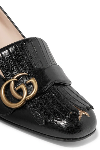 Shop Gucci Marmont Fringed Logo-embellished Embroidered Glossed-leather Pumps In Black