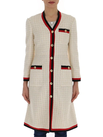 Shop Gucci Contrast Trim Tweed Dress In Gardenia