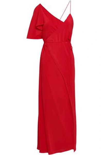 Shop Michelle Mason Cape-effect Silk Crepe De Chine Midi Wrap Dress In Red